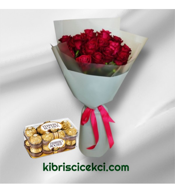 17 Kırmızı Gül Buketi 16'lı Ferrero Çikolata